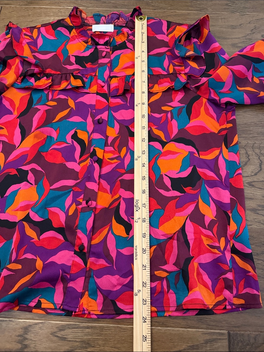 Q2 Colorblock Ruffle Top in Pink, Purple, Orange, Teal-S - Picture 7 of 9